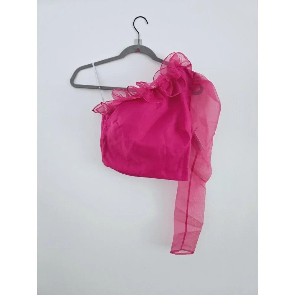 Lovers + Friends Bernice Hot Pink Ruffle Sheer One Shoulder Blouse Crop Top XXS - Picture 3 of 10